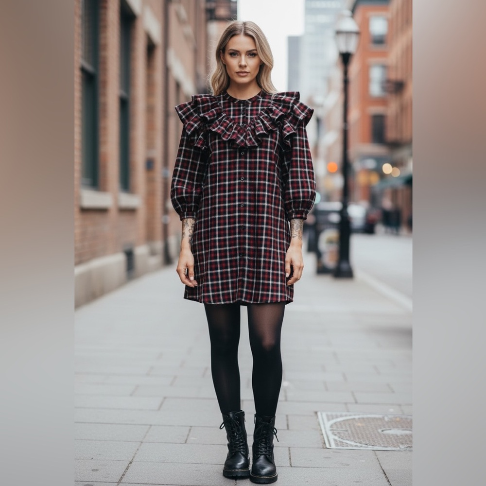 Something Navy Women’s Red and Black Tartan Dramatic Ruffle Yoke Mini Dress